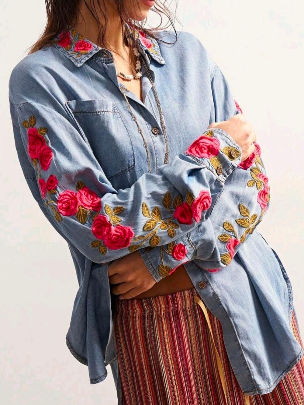 New Boho Embroidered Rose Floral Button Down Shirt Blue Denim Red Pink Green - Picture 8 of 11